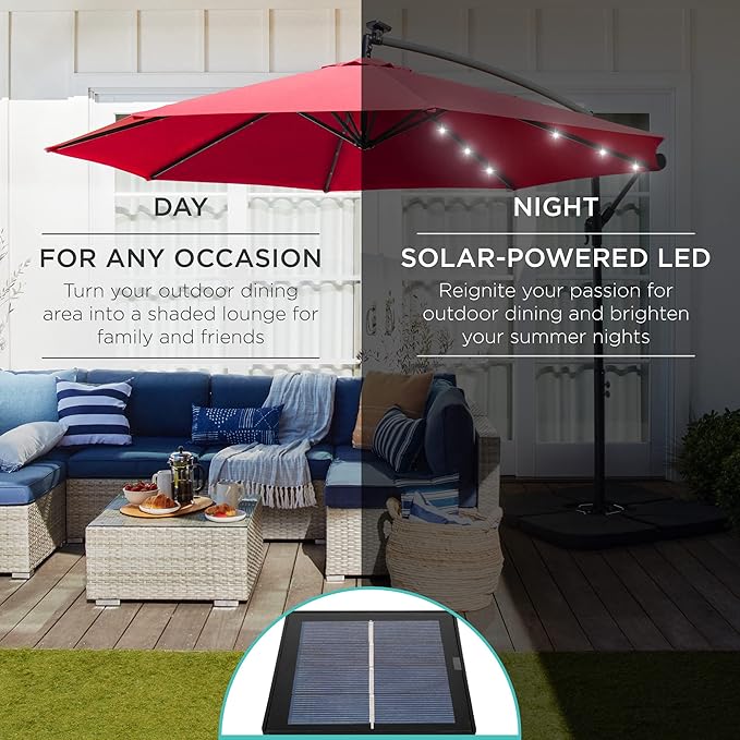 Best Choice Products 10ft Solar LED Offset Cantilever Hanging Market Patio Umbrella, 8 Sturdy Ribs, Easy Adjustment - Red