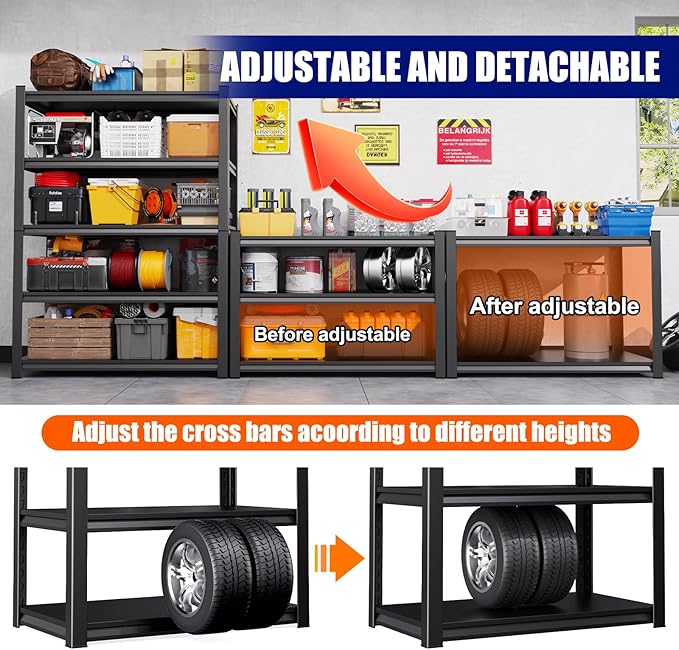 71"H-35"W Garage Shelving Heavy Duty Storage Shelves, Metal Adjustable Shelving Unit, Utility Garage Organizer Shelf for Basement, Pantry, Kitchen, Warehouse,15.7"D x 35.4"W x 71.2"H, Black