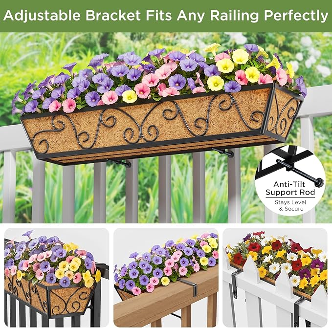 Y&M 30 Inch Butterfly Window Deck with Coco Liner, Fence Metal Hanging Flower Planter Window Basket Deck Railing Planter Boxes for Outdoor Garden Lawn 6pcs