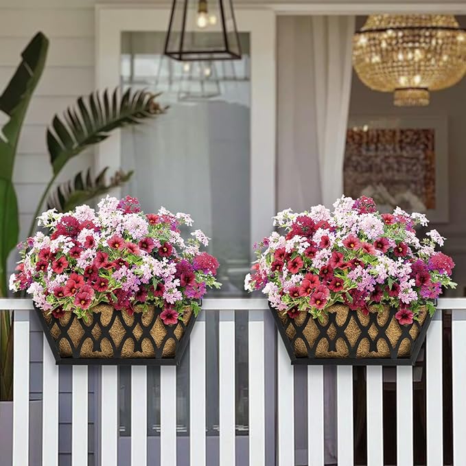 4 Pack 14 Inch Window Boxes Planters Railing Planter Box with Coco Liners Deck Railing Planter Boxes Balcony Hanging Flower Box for Outdoor Plants Garden Decor