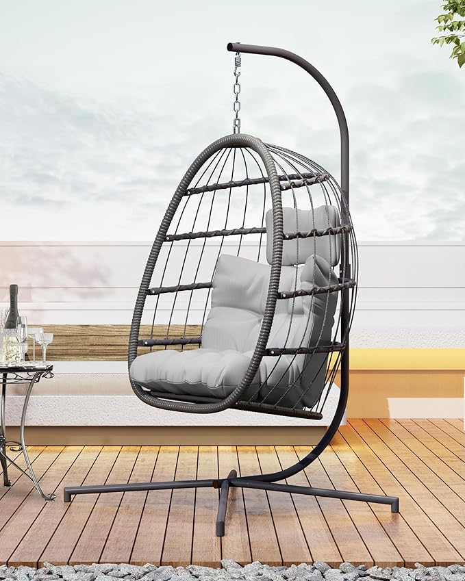 FREDEES Egg Swing Chair with Stand, Outdoor Hanging Egg Chair with Cushion for Patio/Porch/Balcony/Indoor (Light Gray)