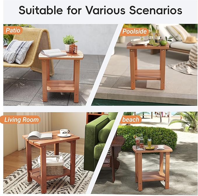 2-Tier Adirondack Side Table 17" with Double Shelf, Easy Assembly Solid Wood End Table,Outdoor & Indoor Small Table for Living Room,Patio, Poolside, Porch - Weather Resistant Walnut