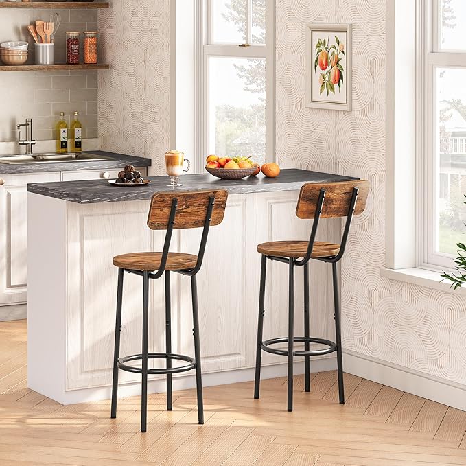 HOOBRO Bar Stools,Set of 2 Round Bar Chairs with Back,25.2" Bar Chairs for Kitchen Island, Dining Room,Counter Height Bar Stools, Easy to Assemble, Rustic Brown and Black BF32BY01G2