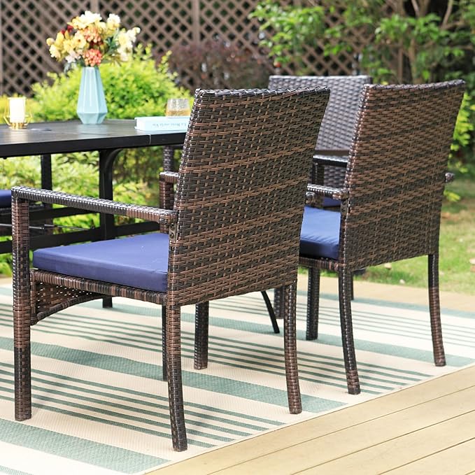 Sophia & William Patio Outdoor Table and Chairs Set with Umbrella Orange Red, Patio Dining Sets for 6, 7 Pieces Patio Table Set for Backyard Deck Porch Outside, Metal Table Rattan Chairs