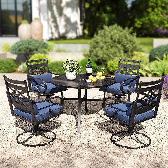 PHI VILLA 5 Pieces Outdoor Dining Set for 4, 42" Round Black Metal Table with Umbrella Hole & Wrought Iron Swivel Chairs, Large Outside Furniture with Blue Cushions & Pillows for Patio, Deck, Porch