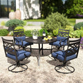 PHI VILLA 5 Pieces Outdoor Dining Set for 4, 42" Round Black Metal Table with Umbrella Hole & Wrought Iron Swivel Chairs, Large Outside Furniture with Blue Cushions & Pillows for Patio, Deck, Porch
