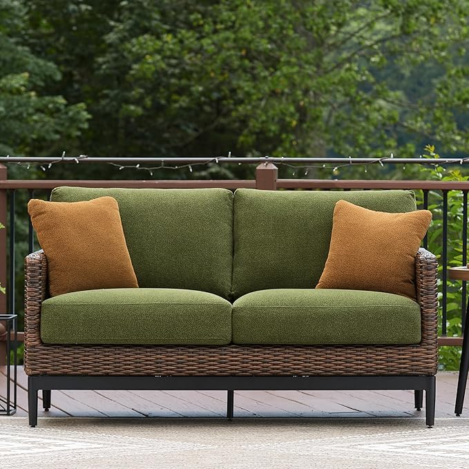 Signature Design by Ashley Horizon Hall Vintage Outdoor Nuvella Weather Resistant Fabric, Resin Wicker Loveseat with Cushion and 2 Accent Pillows, Green & Dark Brown