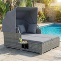 RELAX4LIFE Patio Outdoor Daybed with Canopy, Wicker Rattan Sunbed w/Cushions, 4 Pillows & 2 Retractable Side Trays, 2-Person Lounge Bed Conversation for Poolside Porch Garden (Gray-Grey)