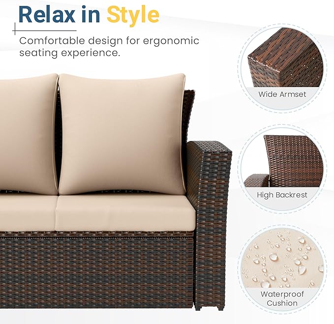 Wisteria Lane All Weather Wicker Patio Couch, 3 Seats Patio Sofa with Thick Cushions, Outdoor Furniture Couch with High Back, Outdoor Patio Sofa for Garden, Backyard, Porch, Beige