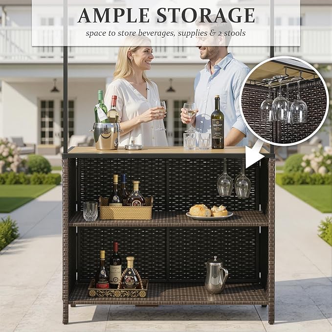 Outdoor Tiki Bar Set - 3 Pieces Wicker Patio Bar Height Set with Palapa Top and 2 Stools, All-Weather Patio Bar Set with Storage Shelves & Wine Glass Rack for Garden Patio Backyard Brown
