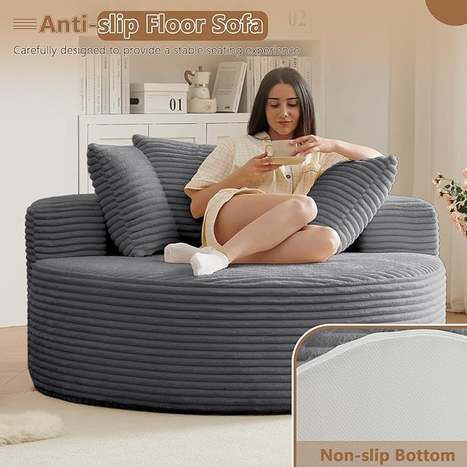 Oversized Round Chair Lounge Chaise Indoor, Upholstered Corduroy Deep Seat Cloud Large Circle Sofa Chair, No Assembly Required, Fluffy Modern Sleeper Sofa Bed for Reading, Living Room, Dark Gray