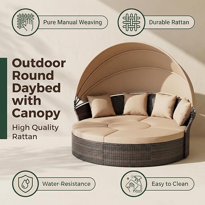 Outdoor Patio Daybed with Retractable Canopy, Wicker Rattan Sectional Round Sofa Furniture Set, 5 Pieces Seating Separates Cushioned Seats for Lawn Garden Backyard Porch Pool, Brown