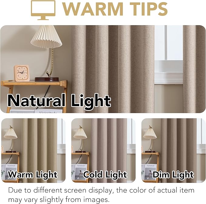 H.VERSAILTEX Linen Curtains 100% Blackout Curtains for Bedroom 84 inch Long Full Light Blocking Nature Linen Blended Window Curtains for Living Room Nickel Grommet (2 Panels, Heathered Sand)