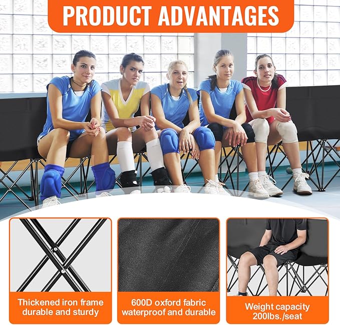 VEVOR Portable Folding Bench, 8 Seats Foldable Sideline Bench, Outdoor Camping Bench Chair with Carry Bag & Backrest, Team Sport Sideline Bench for Football Fishing, No Assembly Instant Seating, Black