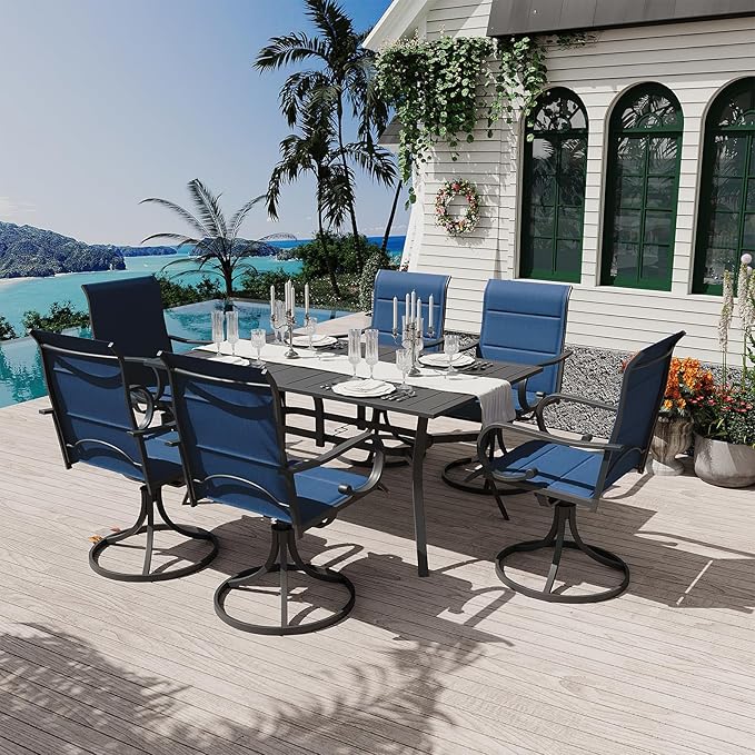 MELLCOM 7 Pieces Outdoor Dining Set, 6 Swivel Rocker Chairs with High Back Textilene & Rectangular Metal Dining Table with Umbrella Hole, Patio Furniture Set for Porch, Garden, Backyard, Blue
