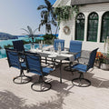 MELLCOM 7 Pieces Outdoor Dining Set, 6 Swivel Rocker Chairs with High Back Textilene & Rectangular Metal Dining Table with Umbrella Hole, Patio Furniture Set for Porch, Garden, Backyard, Blue