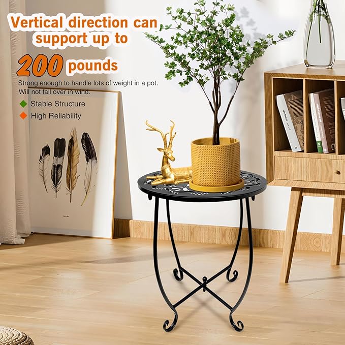 Fashion&cool Patio Side Tables, 14 Inch Weather Resistant Metal Outdoor Side Table for Halloween, Round End Table Side Table for Patio Yard Porch Balcony Garden Bedside, Plant Stand (Black)