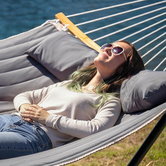 Outdoor Hammock with Stand Included, Heavy Duty Hammock with Curved Spreader Bar, Pillow and Portable Bag, 450 Lbs Capacity, Grey