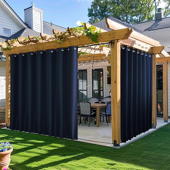 NICETOWN 2 Panels Outdoor Curtains for Patio Waterproof & Windproof, Extra Wide Grommet & Back Tab on Top & Bottom Thermal Insulated Sun Blocking Drapes with Rope for Deck, Navy Blue, W100 x L108