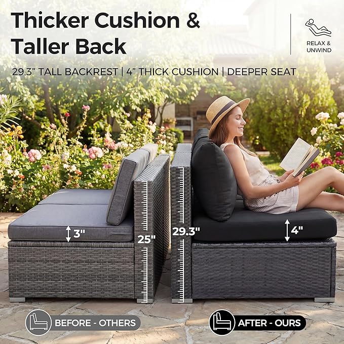 NICESOUL Large Size 9 Piece Patio Conversation Set with Fire Pit Table Propane/Gas, 29.3'' High Back Outdoor Furniture Sectional Set, Heavyweight Rattan Contemporary Sofa, 2 Color Cushion Black &Gray