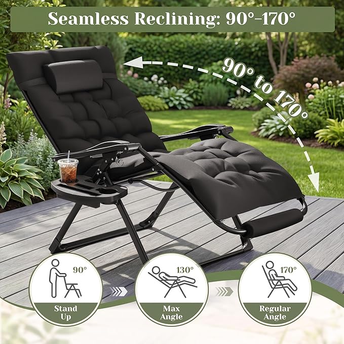 Homall Oversized Zero Gravity Chair, Set of 2 Recliner Lounge Chair with Removable Soft Cushion and Cup Holder, Adjustable Anti Gravity Chair Folding Patio Chairs Padded for Indoor and Outdoor (Black)