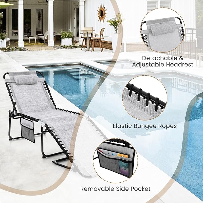 GYMAX Lounge Chairs for Outside, Extra High Folding Beach Tanning Lounger with Adjustable Backrest, Footrest & Removable Pillow, Sunbathing Lounge for Patio, Poolside (1, Grey with Pocket)