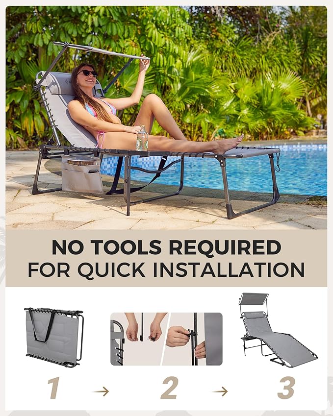 KingCamp Oversized Padded Chase Lounge Chairs, Extra-Wide Folding Tanning Chair Adjustable 5-Position 400lbs Heavy Duty Lounger with Double-Layer Oxford Canopy Shade for Outdoor Beach Patio Sun Pool