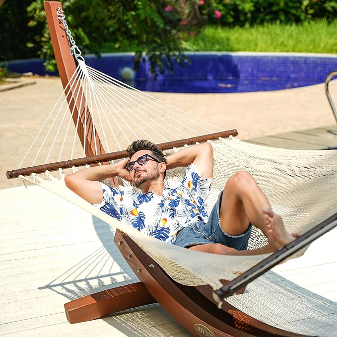 Lazy Daze Hammocks 10.5 FT Double 2 Person Caribbean Rope Hammock, Hand Woven Polyester Hammock with Spreader Bars, for Outside Outdoor Backyard Patio Poolside, 450 LBS Capacity, Cream