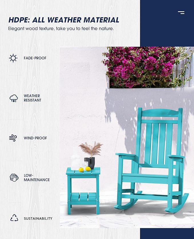 KINGYES HDPE Outdoor Rocking Chair Set of 4, All-Weather Poly Patio Rocking Chairs with 330lbs Support for Adults, Aruba Blue
