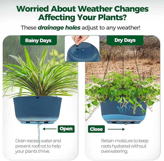 T4U 10 Inch Hanging Planters for Indoor Outdoor Plants, Hanging Baskets for Plants Pack of 2, Self Watering Hanging Pots with Drainage Hole for Garden Home Decor, Blue