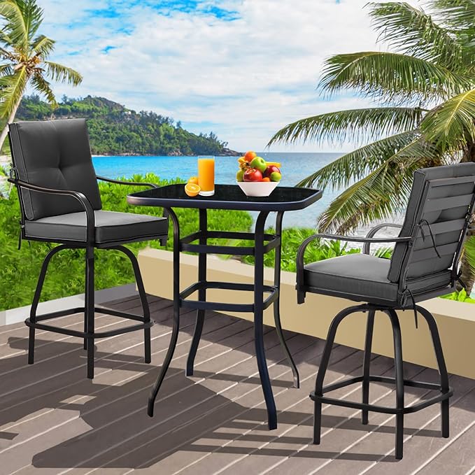 Patio Swivel Bar Stools, Outdoor Bar Height Swivel Chairs Set of 2 with Cushion & All Weather Steel Frame for Backyard, Lawn, Poolside and Balcony, Dark Grey