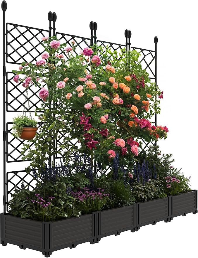 4 PCS Raised Garden Bed with Trellis,63" H Vertical Planter Box with Drainage Holes for Climbing Plants, Patio Privacy Screen & Balcony Garden