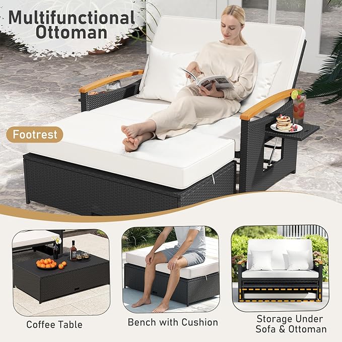 Moccha Outdoor Wicker Daybed, Patio Rattan Loveseat Sofa w/ 4-Level Adjustable Backrest, Folding Panels, Storage Ottoman & Cushions, Lounge Furniture Set for Poolside Backyard Porch (White & Black)