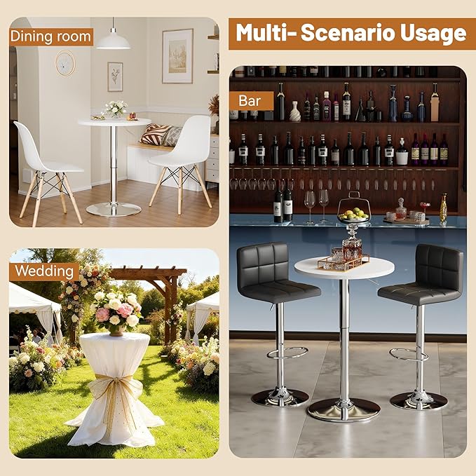 Flamaker Round Bistro Pub Table 23.6 Inch Height Adjustable 360° Swivel Bar Table Metal Base for Pub, Dining Room, Party (4, White-Silver)