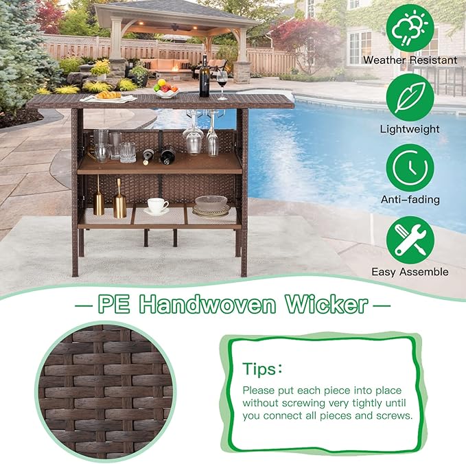 ECOTOUGE Patio Wicker Bar Table, Outdoor Rattan Counter Table with Steel Storage Shelves & Wine Rack for Party, Picnic (Brown)
