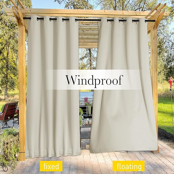 NICETOWN 2 Panels Weighted Blackout Curtains for Patio Waterproof, Top & Bottom Grommet & Back Tab Fixed Outdoor Curtains Windproof Drapes Thermal Insulated for Porch, W52 x L84, Light Beige