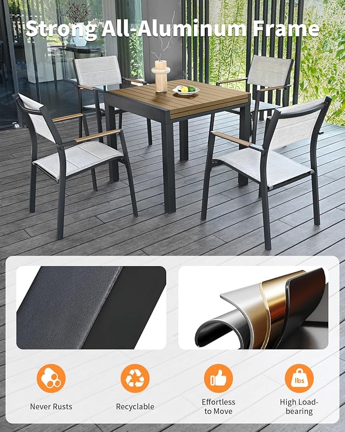 5 Pieces Expandable Patio Dining Set, Never-Rust Aluminum Outdoor Dining Table Set, 32"-65" Extendable Dining Table and Stackable Textilene Dining Chairs for Garden, Deck, Indoor, Teak
