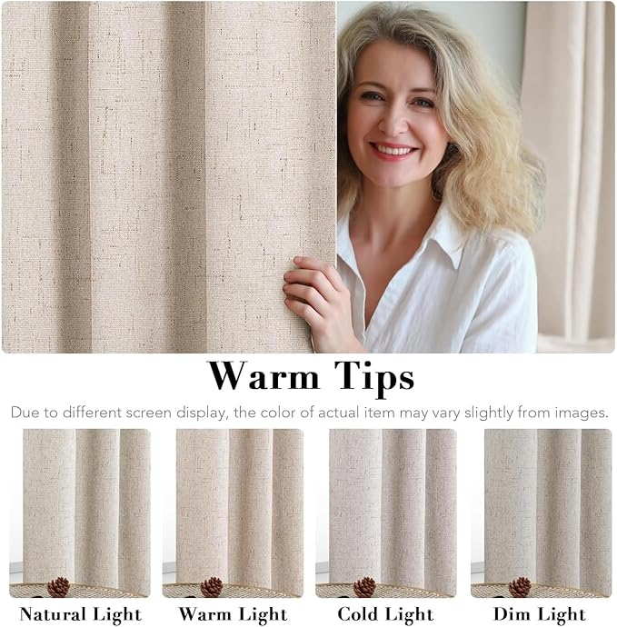 H.VERSAILTEX Linen Curtains 100% Blackout Curtains for Bedroom 90 inch Long Full Light Blocking Nature Linen Blended Window Curtains for Living Room Nickel Grommet (2 Panels, Natural)