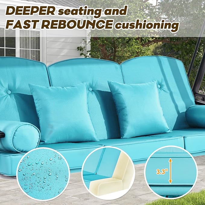 3 in 1 Outdoor Porch Swing with Adjustable Canopy, 3 Seat Outdoor Swing for Adults, Patio Swing Chair with Thickened Cushions,Pillows & Cup Holders for Backyard, Porch, Garden (Turquoise)