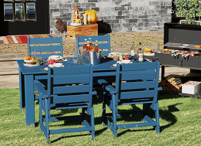 GREENVINES 5-Piece Outdoor Dining Set | HDPE | Patio Table and Chairs Sets for 4 | Patio Furniture | All Weather | Umbrella Hole | Blue| for Backyard Poolside Garden