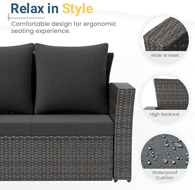 Wisteria Lane All Weather Wicker Patio Couch, 3 Seats Patio Sofa with Thick Cushions, Outdoor Furniture Couch with High Back, Outdoor Patio Sofa for Garden, Backyard, Porch, Black