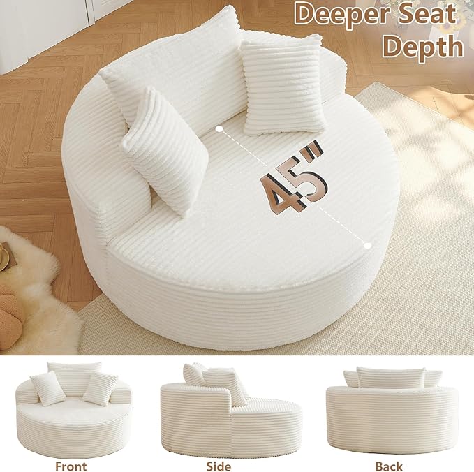 Oversized Round Chair Lounge Chaise Indoor, Upholstered Corduroy Deep Seat Cloud Large Circle Sofa Chair, No Assembly Required, Fluffy Modern Sleeper Sofa Bed for Reading, Living Room, Bedroom, White