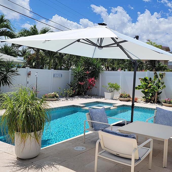 PURPLE LEAF 10 Feet Patio Umbrella Outdoor Cantilever Solar Powered LED Square Umbrella Aluminum Offset Umbrella with 360-degree Rotation for Garden Deck Pool Patio White