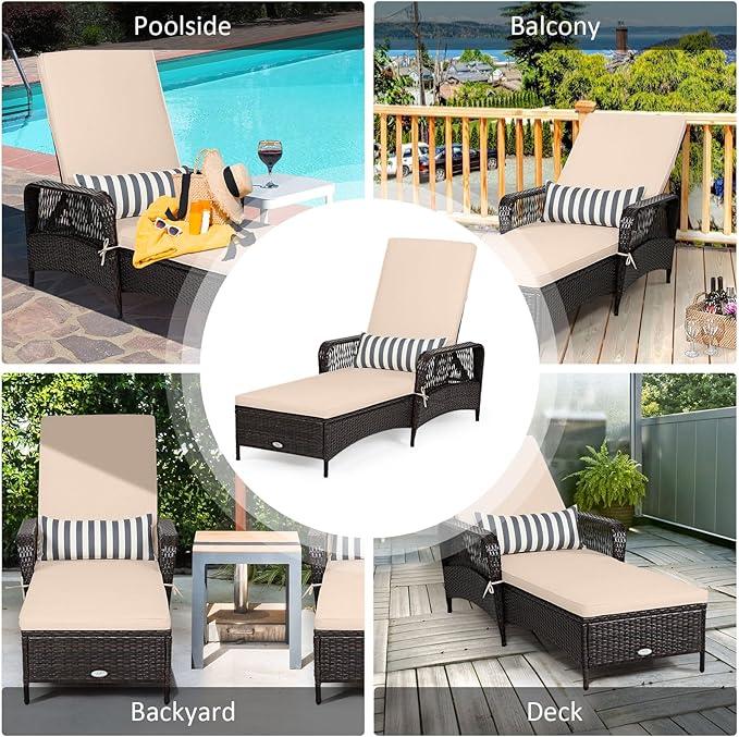Tangkula Wicker Chaise Lounge Outdoor Set of 2, Patio Rattan Reclining Chaise with 6-Gear Adjustable Backrest, Thick Padded Cushion & Removable Lumbar Pillow, Pool Lounge Chairs for Outside Balcony