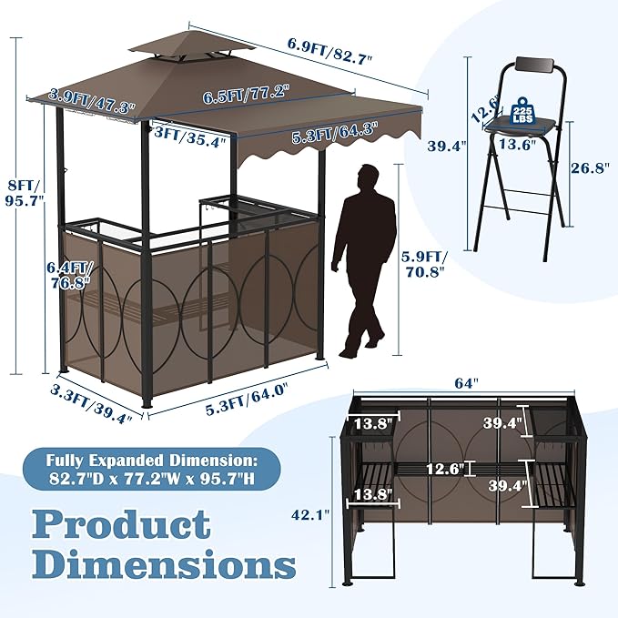 Outdoor Grill Gazebo with Patio Bar Set, Double-Tier BBQ Shelter with Side Awning, Complete Set Includes 2 Foldable Stools, U-Shaped Storage, Glass Holders & Hooks for Yard, Poolside, Garden