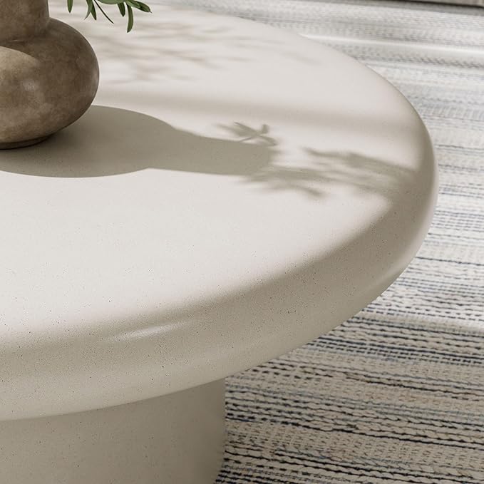 Modway Argos Round Concrete Coffee Table in White - Cement Low Coffee Table for Sitting on The Floor - Weather Resistant Stone Patio Coffee Table - Indoor Outdoor 34 Inch Center Table