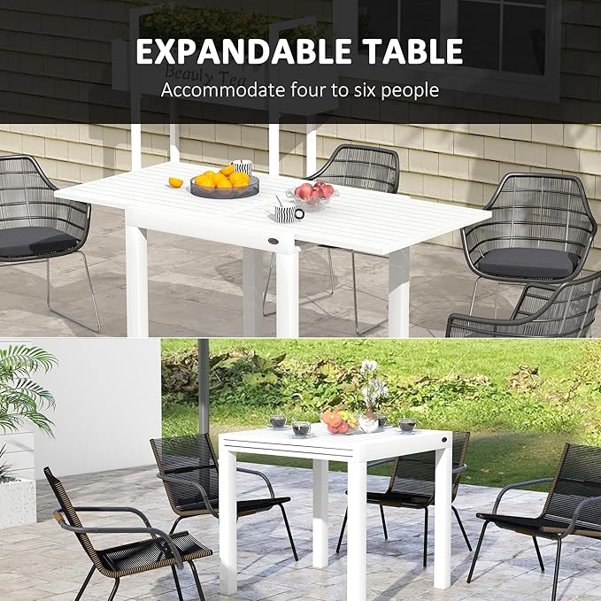 Outsunny Expandable Patio Dining Table for 4-6, 35.5" -70.75" Aluminum Extendable Outdoor Dining Table, Square/Rectangular Patio Table for Garden, Backyard, Poolside, Deck, White