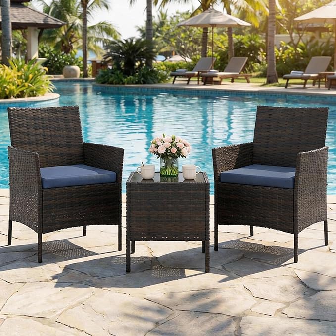 GAOMON 3-Piece Patio Furniture Set, Modern PE Rattan Conversation Set with 2 Chairs & Tempered Glass Coffee Table, All-Weather Outdoor Seating for Garden, Porch, Balcony, Poolside, Brown/Navy Blue