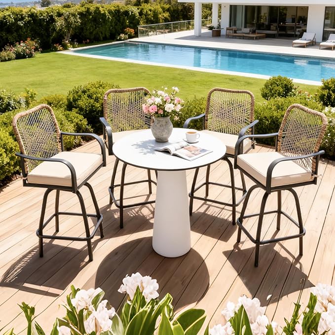 Patio Swivel Bar Stools Set of 4, Outdoor Rattan Height Bar Patio Swivel Chairs with Steel Frame and Thickened Cushion for Garden, Balcony, Lawn and Backyard (Rattan Brown)