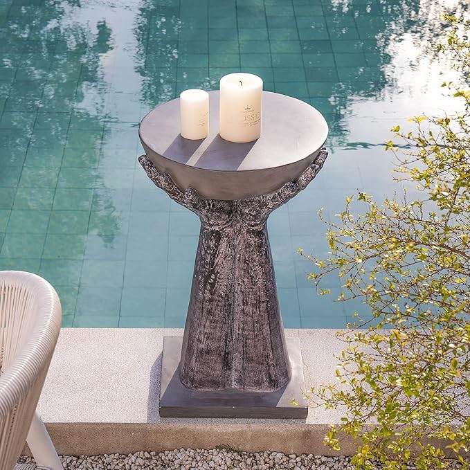 COSIEST Set of 2 Outdoor Side Table, Two Hands-Shaped Base w Round Top Accent Table, Lightweight Plant Stand, Concrete Finish